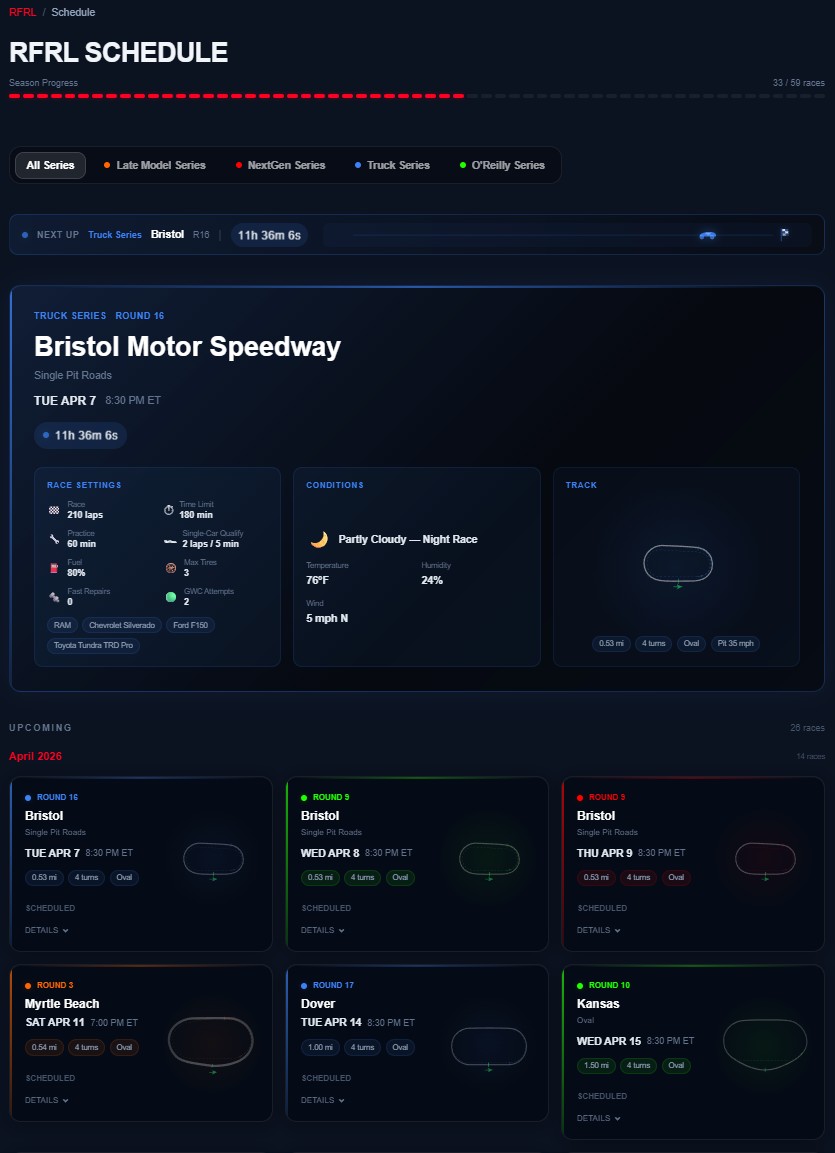 Race schedule page with track details and countdown timers